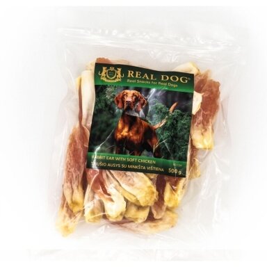 Real Dog Snacks triušio ausys su minkšta vištiena 500g