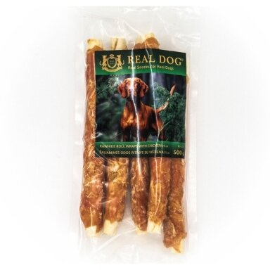 Real Dog Snacks žaliaminės odos ritinys su vištiena 25cm 500g
